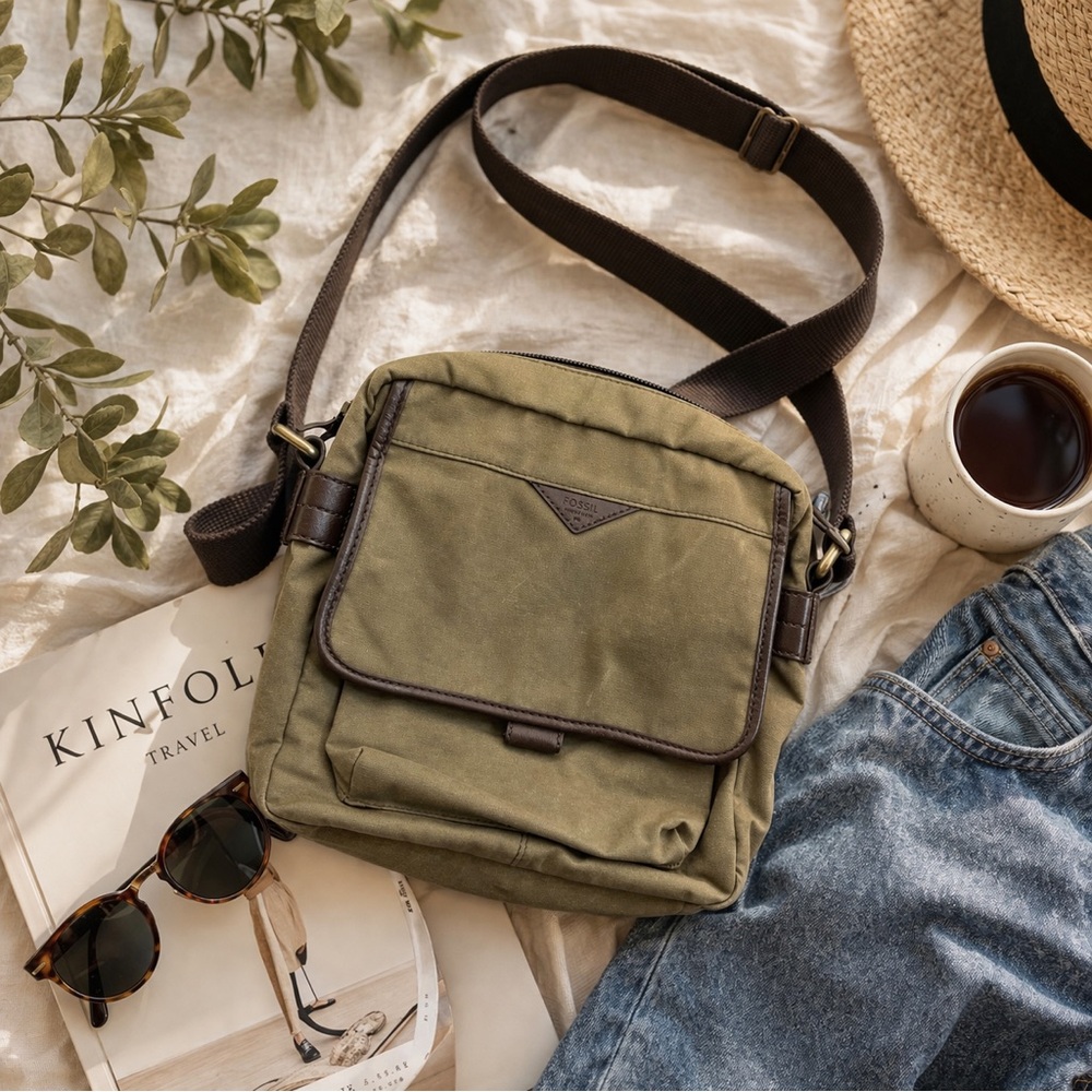 Fossil Olive Green Canvas Crossbody Bag Leather Trim Utility Boho Casual